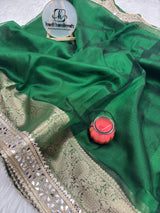Bottle Green Banarasi Rajkumari Mirror Work Tissue Silk Saree