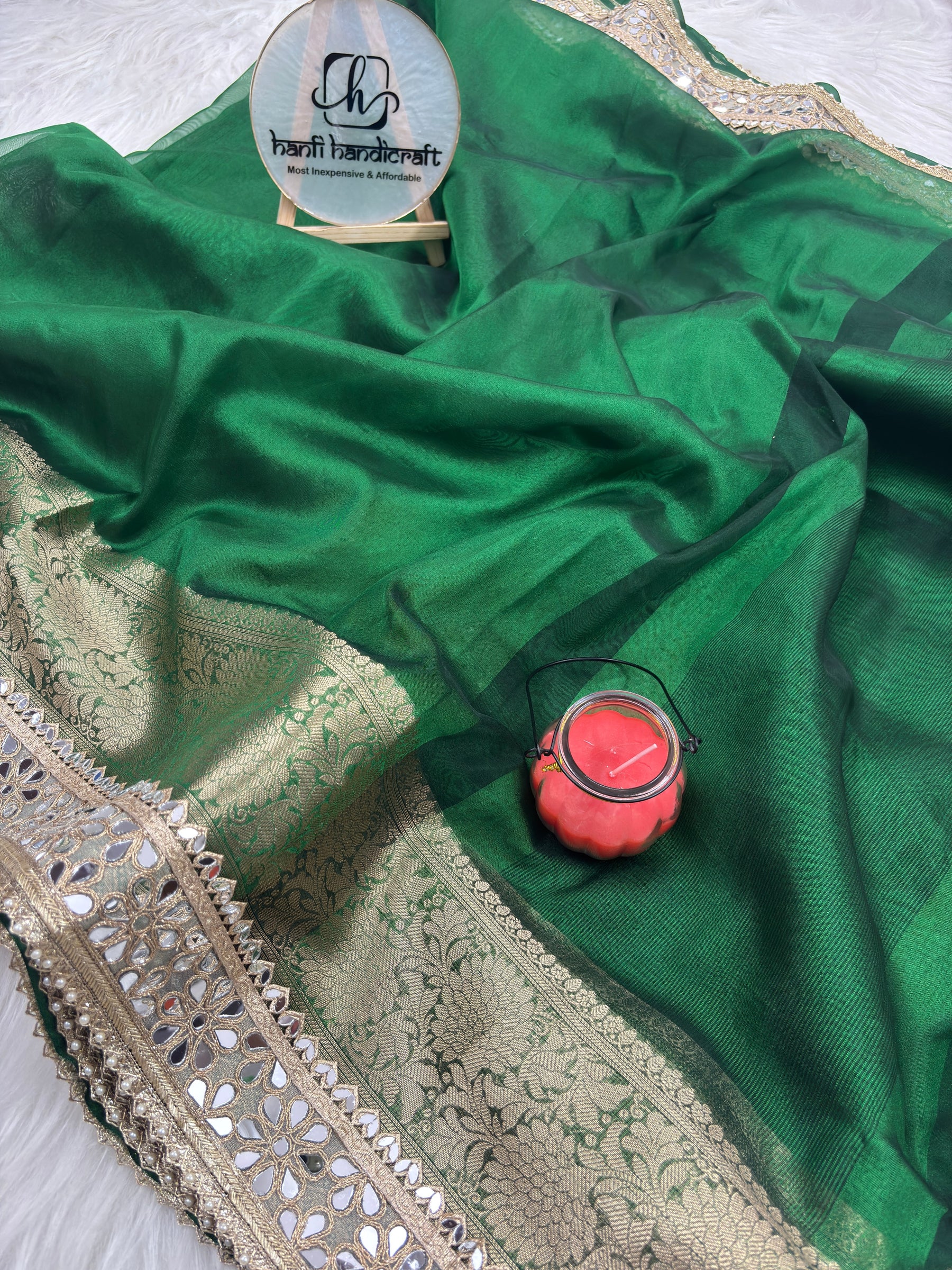 Bottle Green Banarasi Rajkumari Mirror Work Tissue Silk Saree