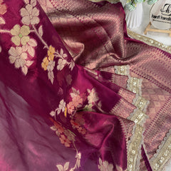 Rani Wine Alfi Tilfi Floral Weave Tissue Silk Saree with Hand-Embellished Border