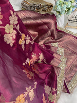 Rani Wine Alfi Tilfi Floral Weave Tissue Silk Saree with Hand-Embellished Border