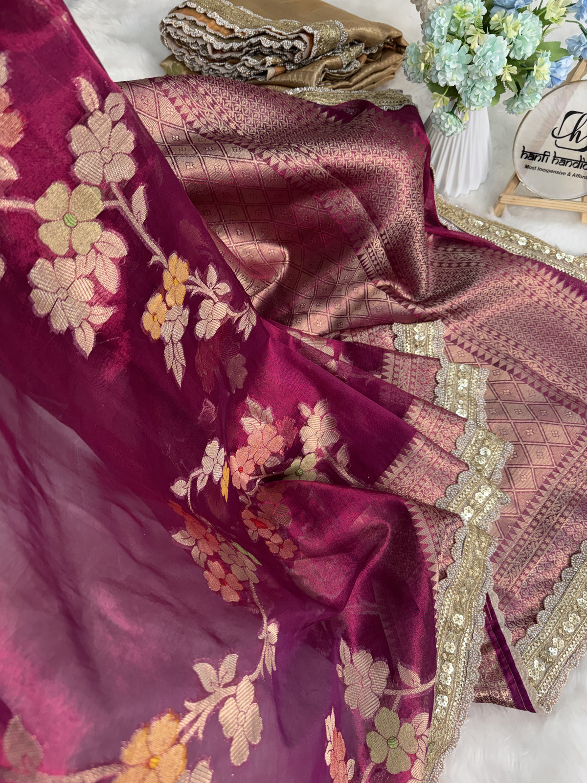 Rani Wine Alfi Tilfi Floral Weave Tissue Silk Saree with Hand-Embellished Border