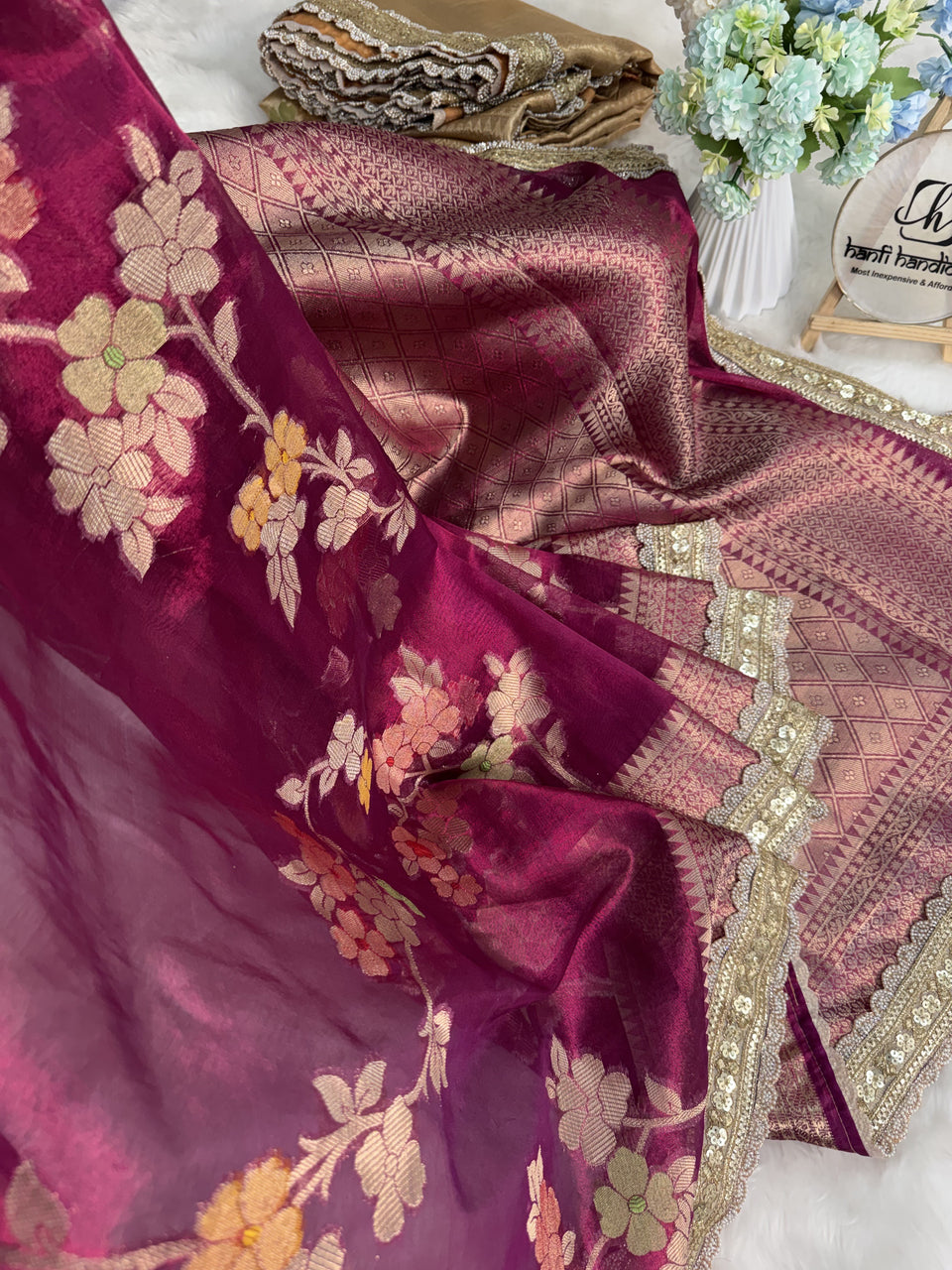 Rani Wine Alfi Tilfi Floral Weave Tissue Silk Saree with Hand-Embellished Border