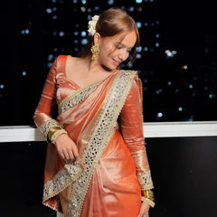 Aurelia Orange Banarasi Rajkumari Mirror Work Tissue Silk Saree