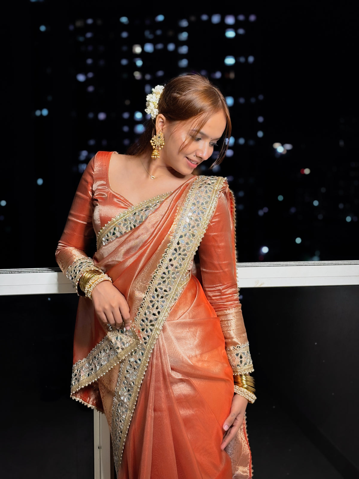 Aurelia Orange Banarasi Rajkumari Mirror Work Tissue Silk Saree