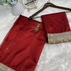 Deep Red Gemstone Maharani Hand-work Designer Saree