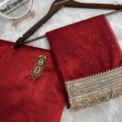 Deep Red Gemstone Maharani Hand-work Designer Saree