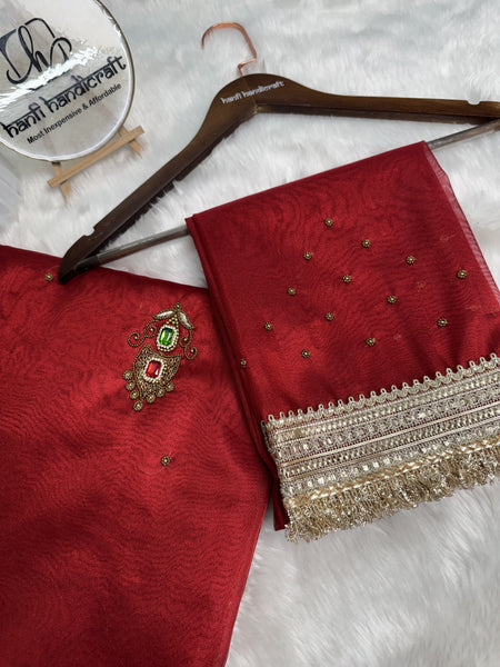 Deep Red Gemstone Maharani Hand-work Designer Saree
