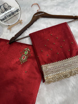 Deep Red Gemstone Maharani Hand-work Designer Saree