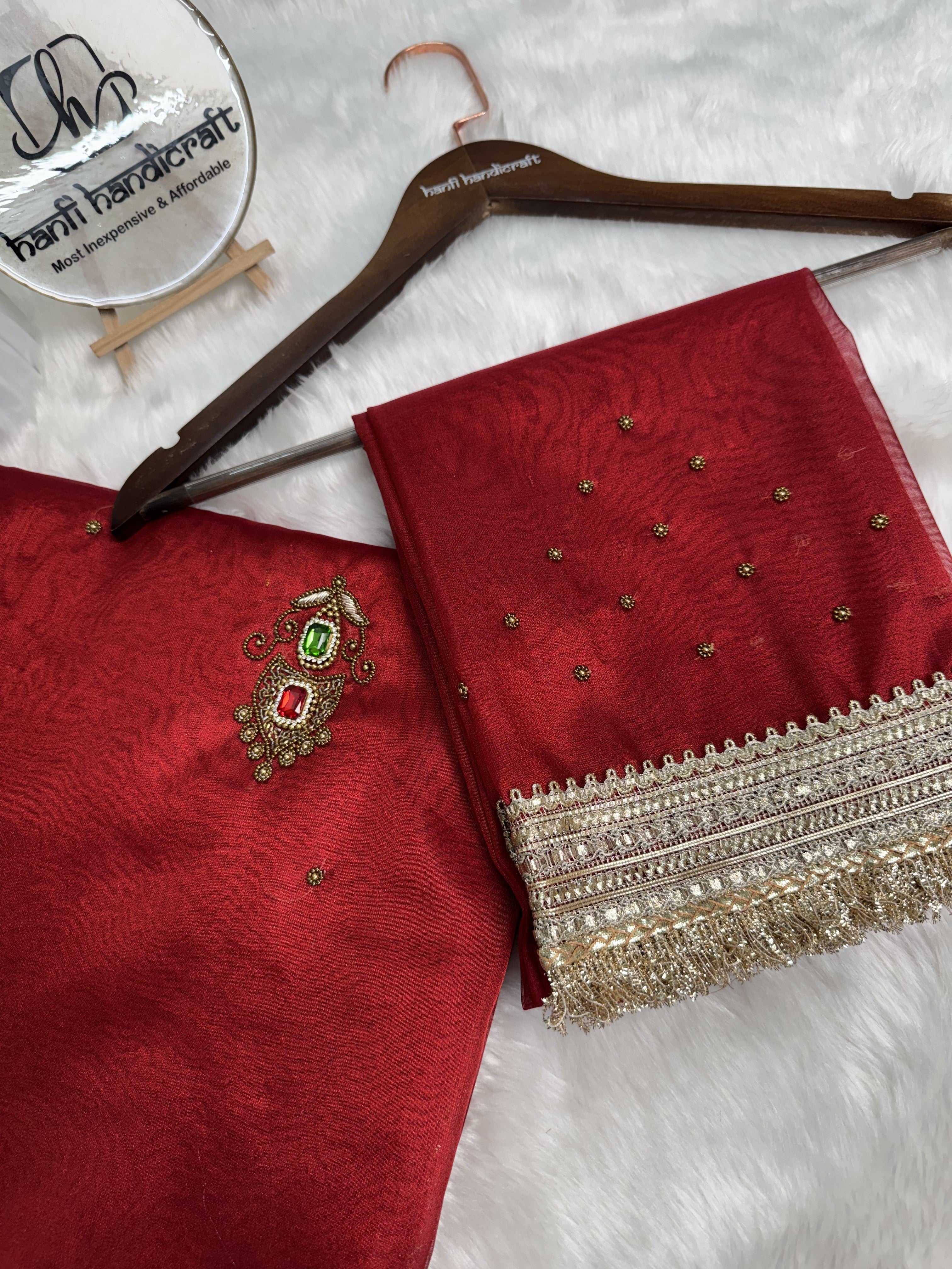Deep Red Gemstone Maharani Hand-work Designer Saree