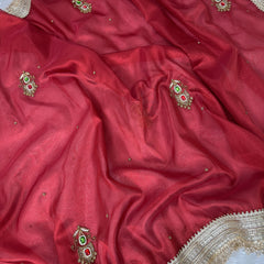Deep Red Gemstone Maharani Hand-work Designer Saree