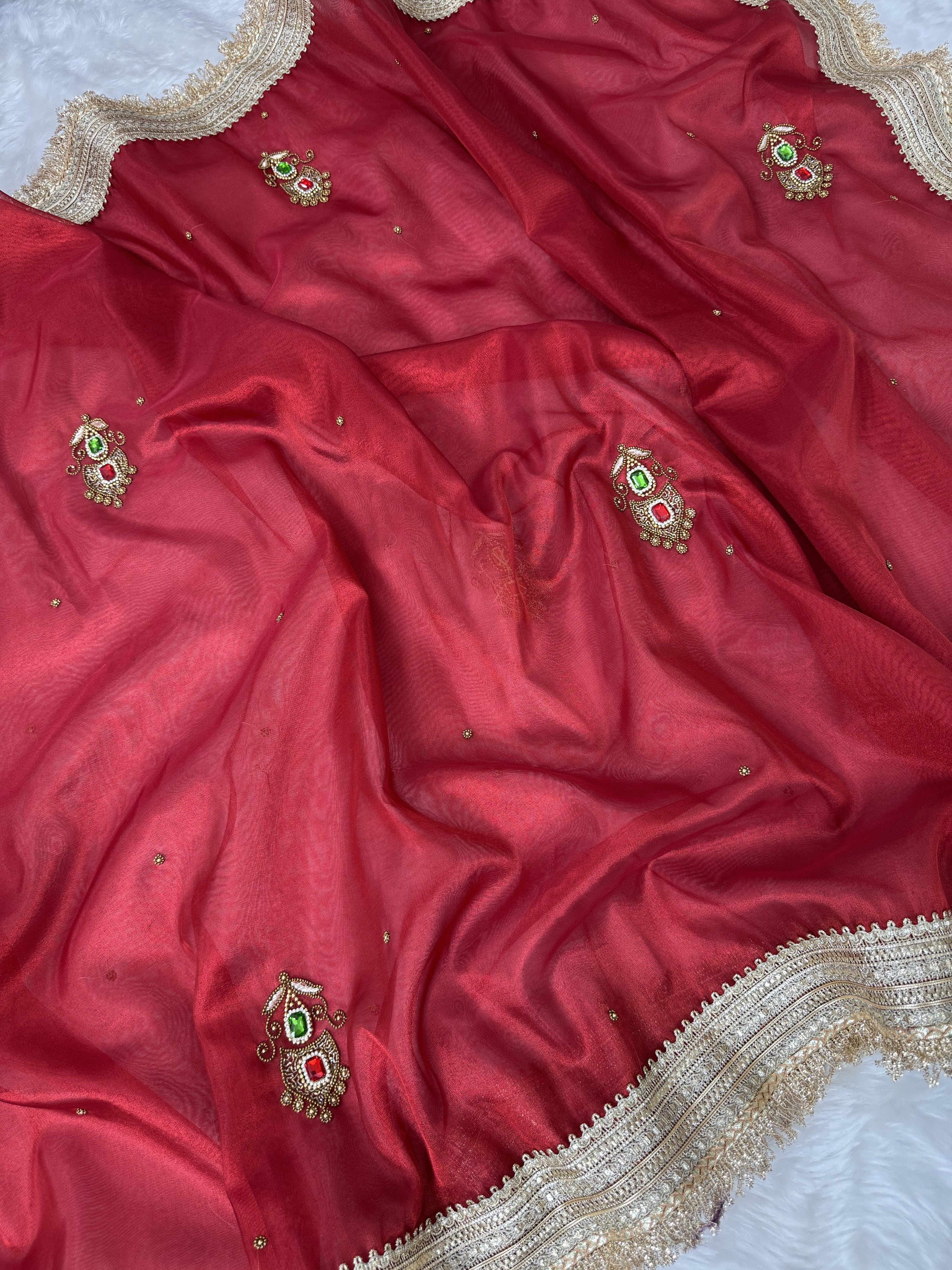 Deep Red Gemstone Maharani Hand-work Designer Saree