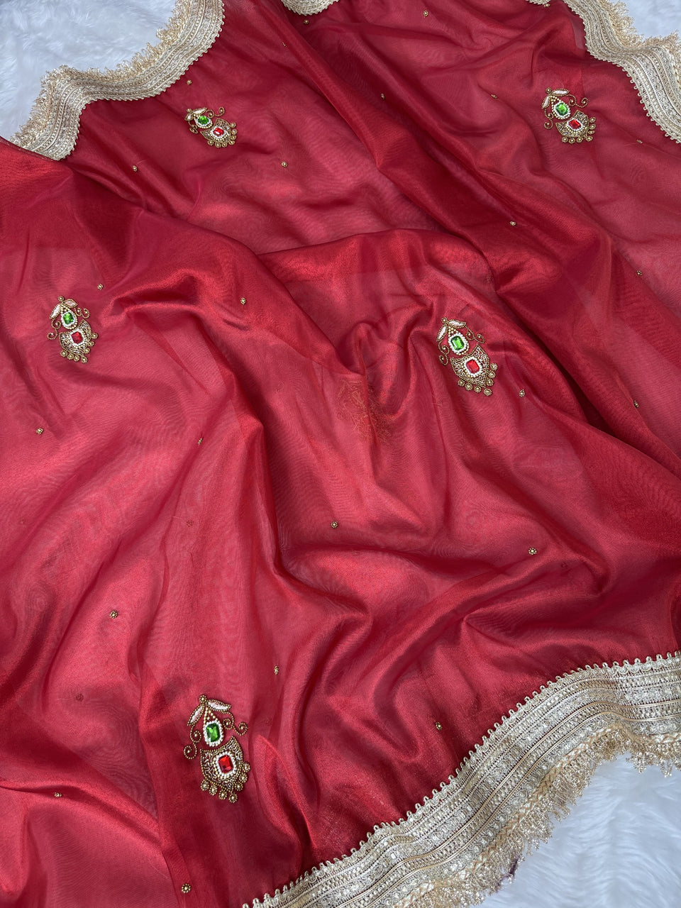 Deep Red Gemstone Maharani Hand-work Designer Saree