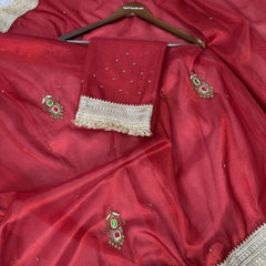 Deep Red Gemstone Maharani Hand-work Designer Saree
