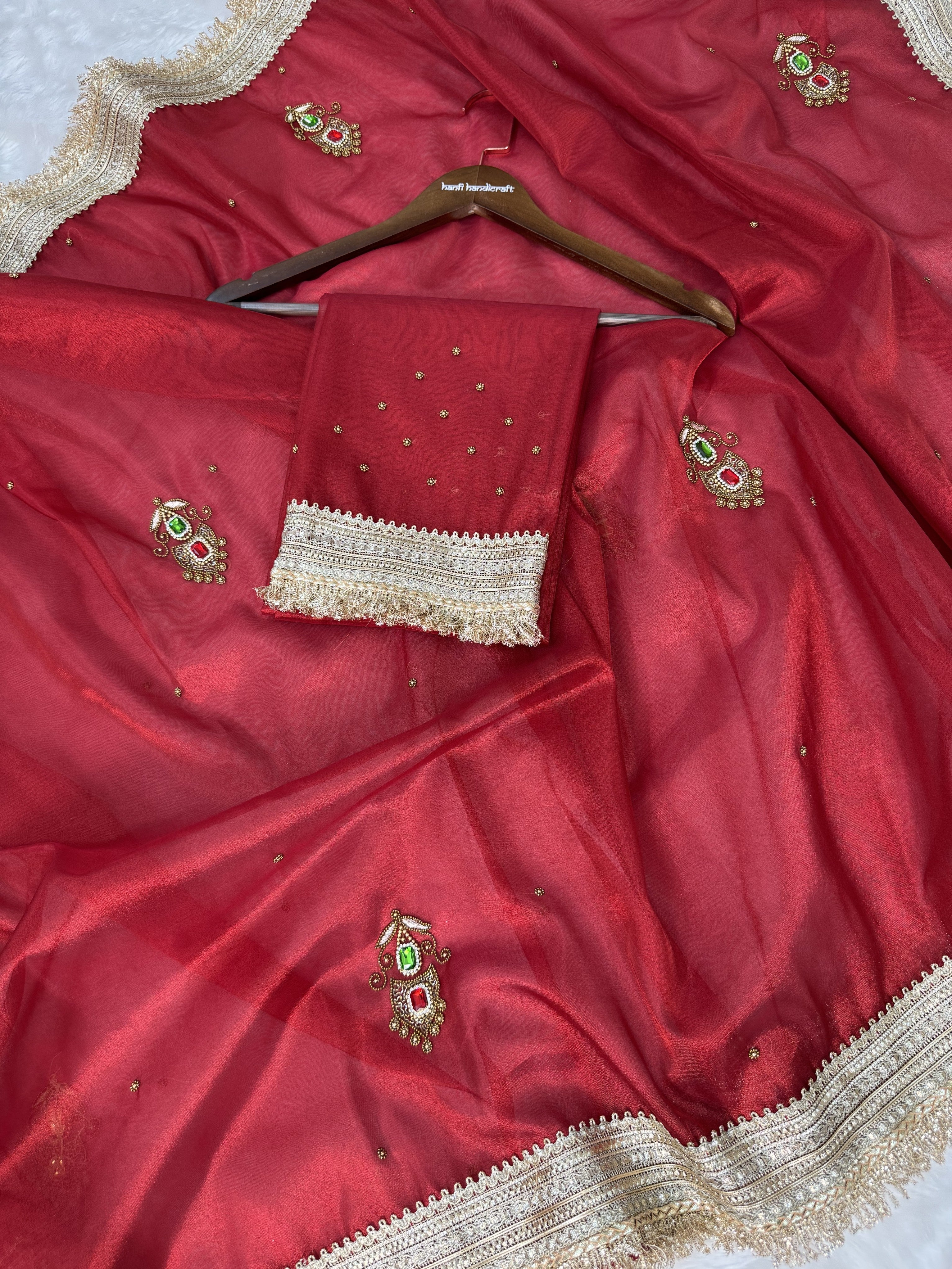Deep Red Gemstone Maharani Hand-work Designer Saree