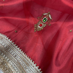 Deep Red Gemstone Maharani Hand-work Designer Saree