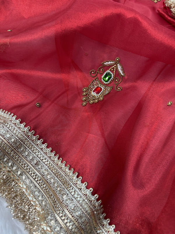 Deep Red Gemstone Maharani Hand-work Designer Saree