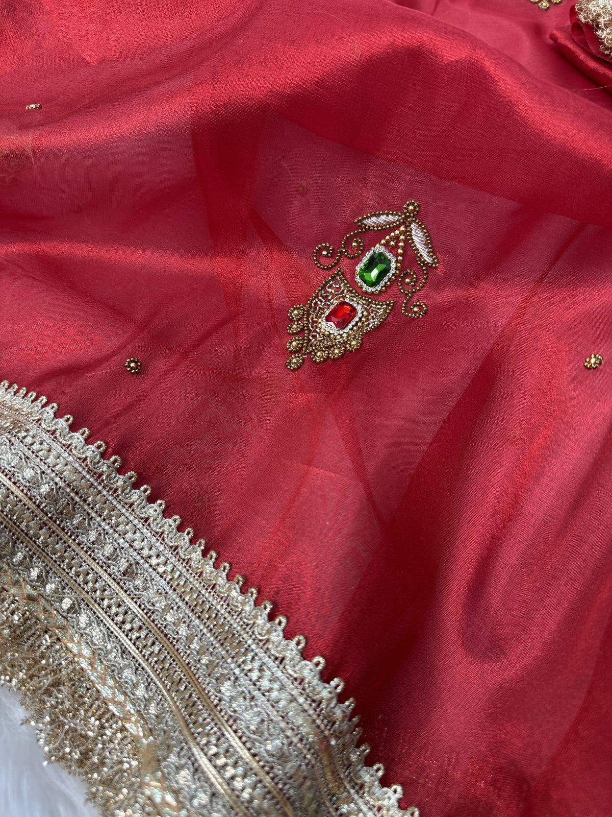 Deep Red Gemstone Maharani Hand-work Designer Saree