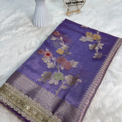 Lavender Alfi Tilfi Floral Weave Tissue Silk Saree with Hand-Embellished Border