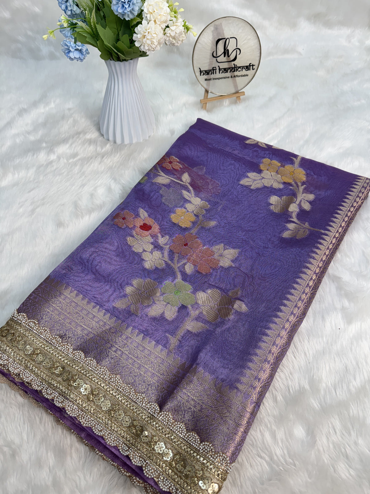 Lavender Alfi Tilfi Floral Weave Tissue Silk Saree with Hand-Embellished Border