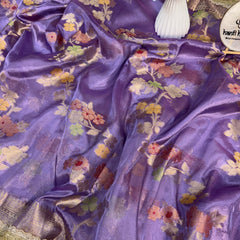 Lavender Alfi Tilfi Floral Weave Tissue Silk Saree with Hand-Embellished Border