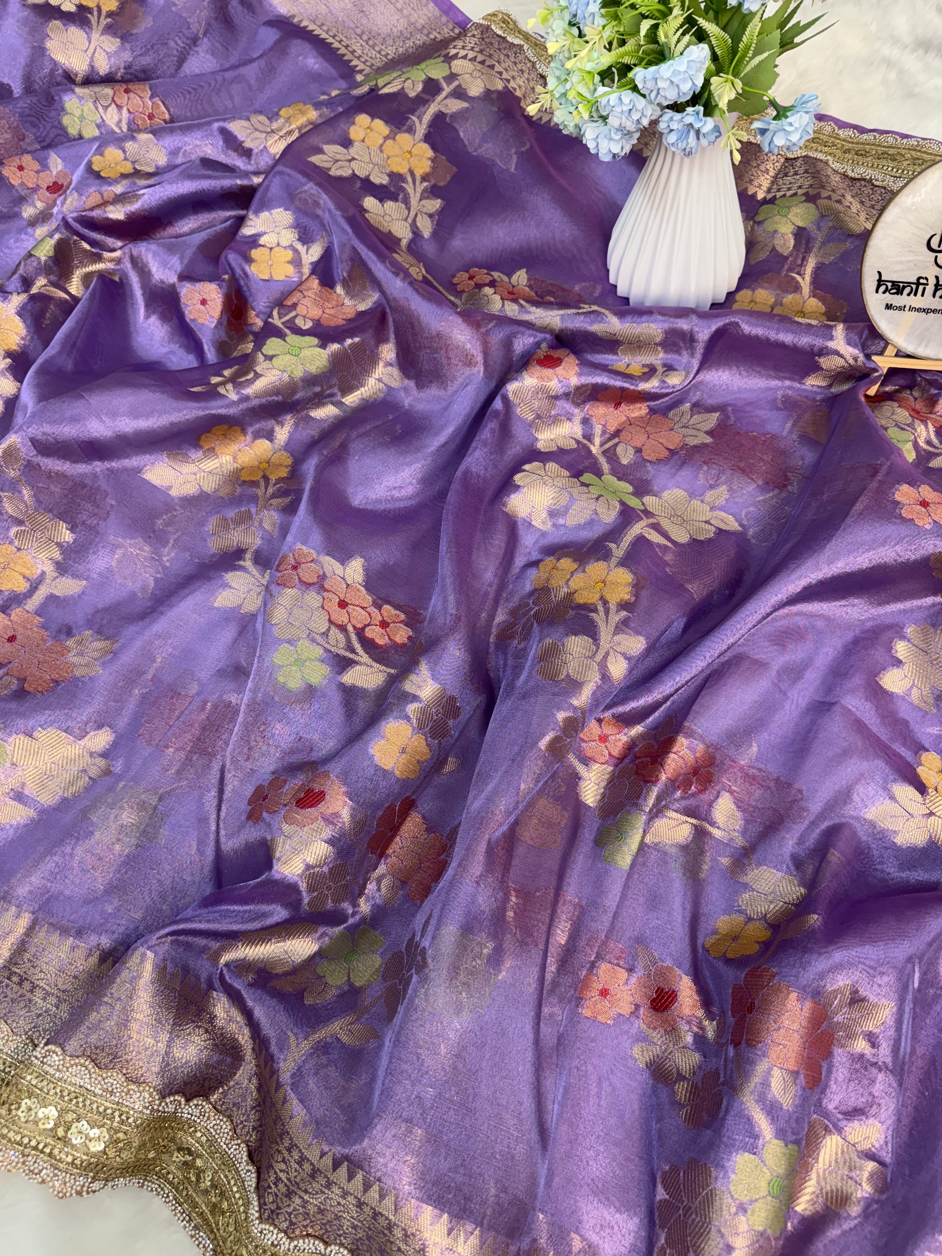 Lavender Alfi Tilfi Floral Weave Tissue Silk Saree with Hand-Embellished Border