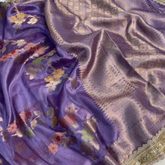 Lavender Alfi Tilfi Floral Weave Tissue Silk Saree with Hand-Embellished Border