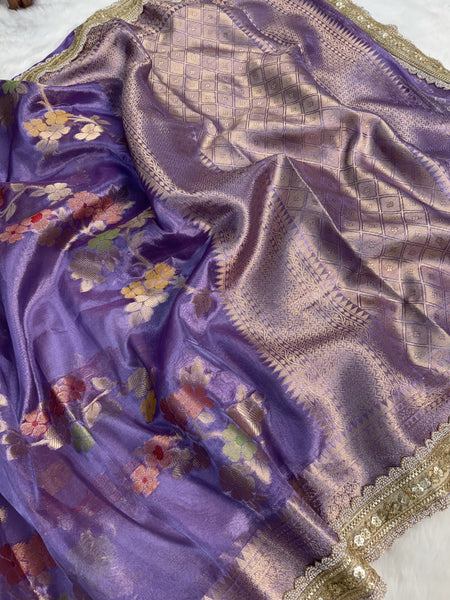 Lavender Alfi Tilfi Floral Weave Tissue Silk Saree with Hand-Embellished Border