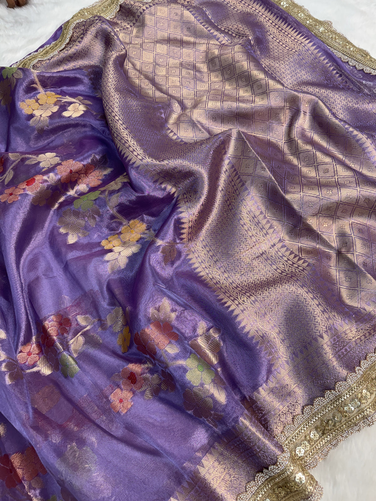 Lavender Alfi Tilfi Floral Weave Tissue Silk Saree with Hand-Embellished Border