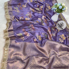 Lavender Alfi Tilfi Floral Weave Tissue Silk Saree with Hand-Embellished Border