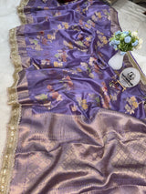 Lavender Alfi Tilfi Floral Weave Tissue Silk Saree with Hand-Embellished Border