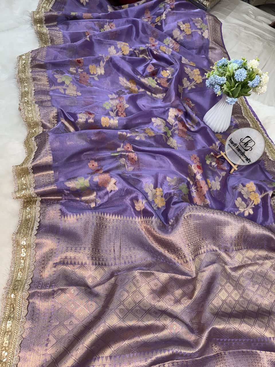 Lavender Alfi Tilfi Floral Weave Tissue Silk Saree with Hand-Embellished Border
