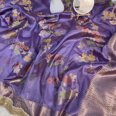 Lavender Alfi Tilfi Floral Weave Tissue Silk Saree with Hand-Embellished Border