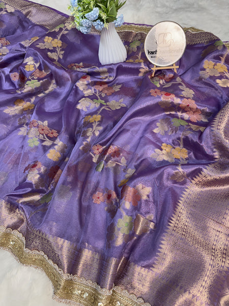 Lavender Alfi Tilfi Floral Weave Tissue Silk Saree with Hand-Embellished Border