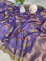 Lavender Alfi Tilfi Floral Weave Tissue Silk Saree with Hand-Embellished Border