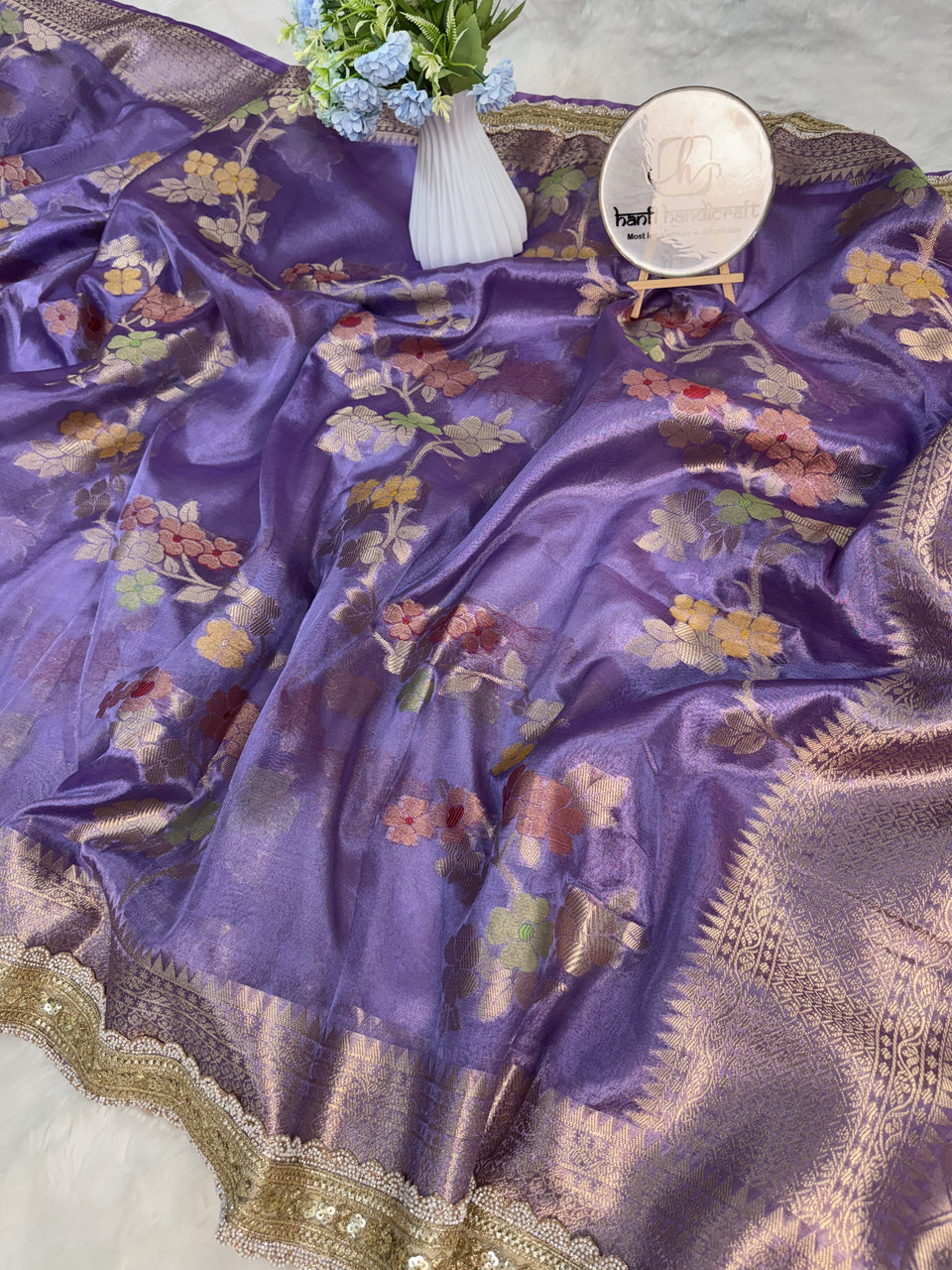 Lavender Alfi Tilfi Floral Weave Tissue Silk Saree with Hand-Embellished Border