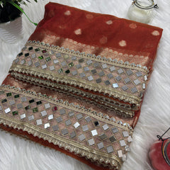 Rust Orange Banarasi Rajwada Mirror Work Tissue Silk Saree