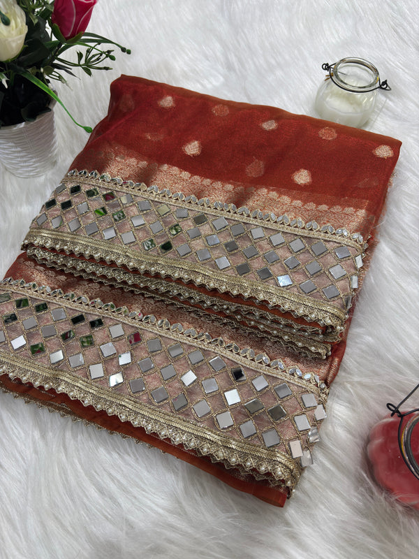 Rust Orange Banarasi Rajwada Mirror Work Tissue Silk Saree