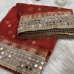 Rust Orange Banarasi Rajwada Mirror Work Tissue Silk Saree