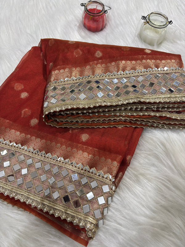 Rust Orange Banarasi Rajwada Mirror Work Tissue Silk Saree