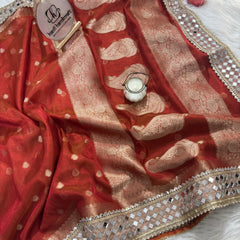 Rust Orange Banarasi Rajwada Mirror Work Tissue Silk Saree