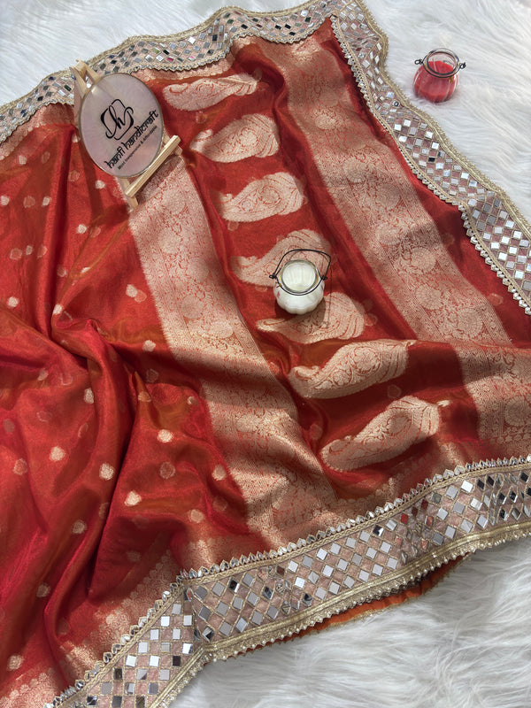 Rust Orange Banarasi Rajwada Mirror Work Tissue Silk Saree