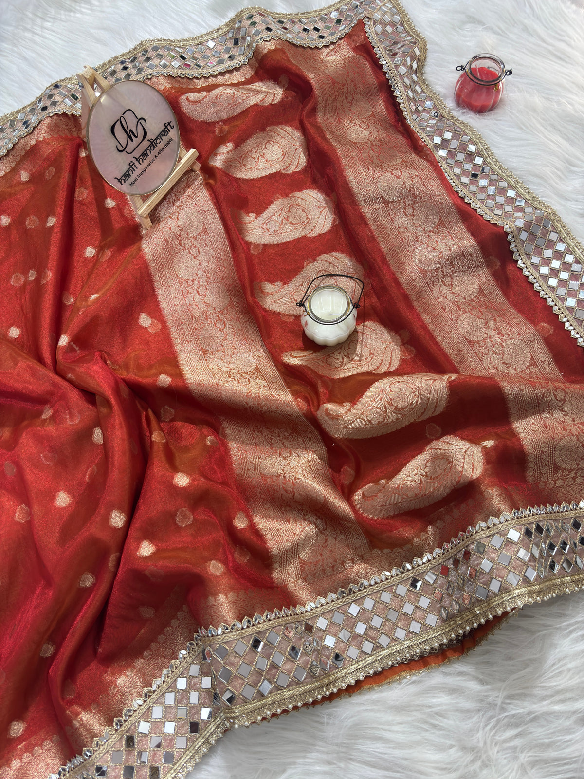 Rust Orange Banarasi Rajwada Mirror Work Tissue Silk Saree