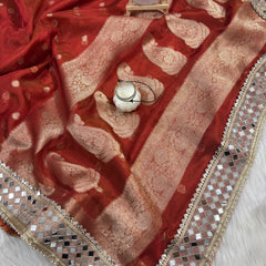 Rust Orange Banarasi Rajwada Mirror Work Tissue Silk Saree