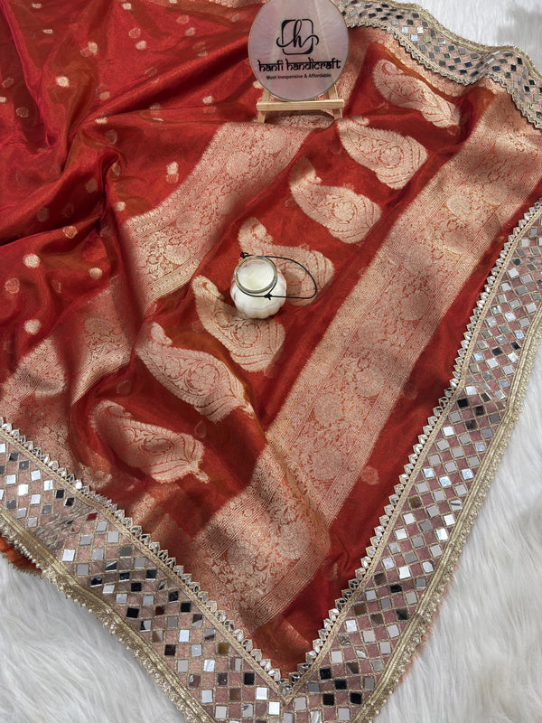 Rust Orange Banarasi Rajwada Mirror Work Tissue Silk Saree
