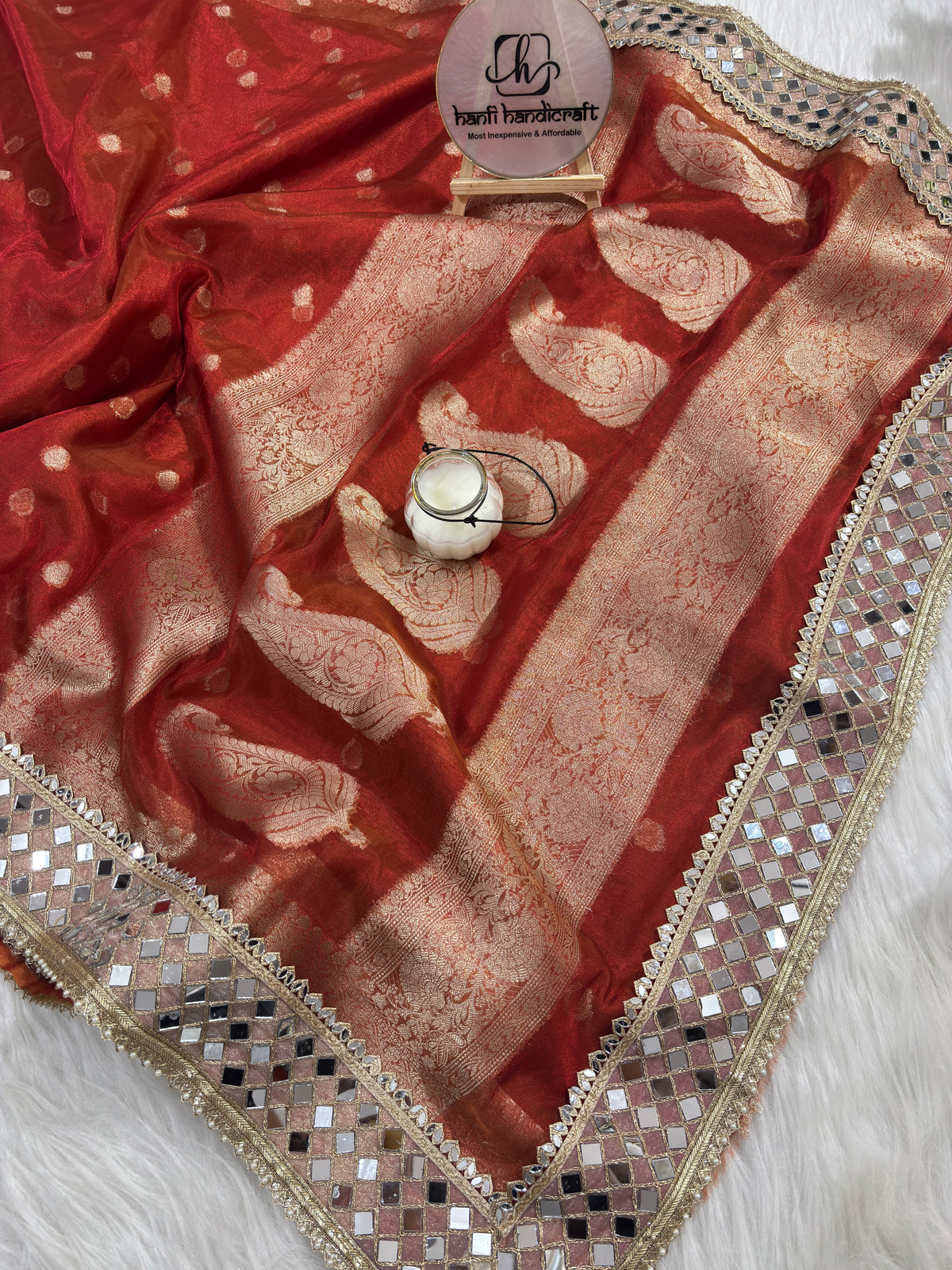 Rust Orange Banarasi Rajwada Mirror Work Tissue Silk Saree