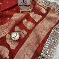 Rust Orange Banarasi Rajwada Mirror Work Tissue Silk Saree