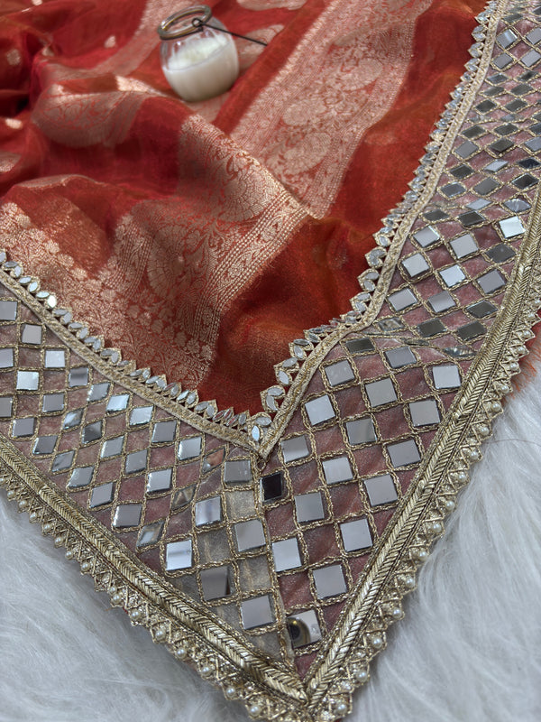 Rust Orange Banarasi Rajwada Mirror Work Tissue Silk Saree