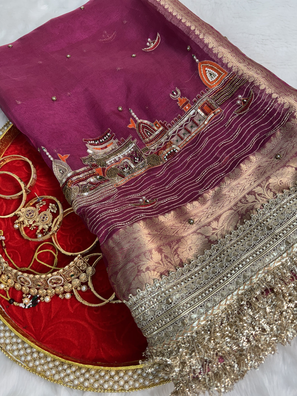 Gulabi Banarasi Ghat Hand Zardozi Pure Tissue Silk Saree