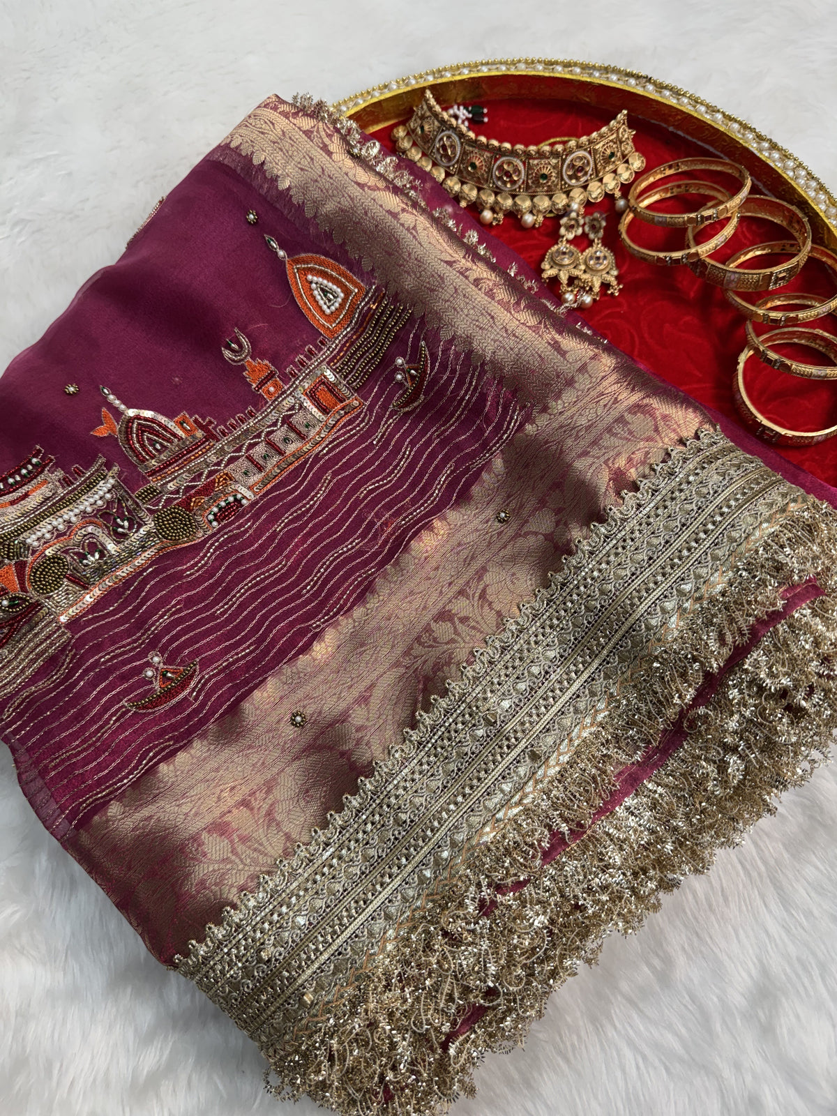 Gulabi Banarasi Ghat Hand Zardozi Pure Tissue Silk Saree