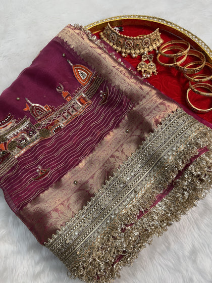 Gulabi Banarasi Ghat Hand Zardozi Pure Tissue Silk Saree